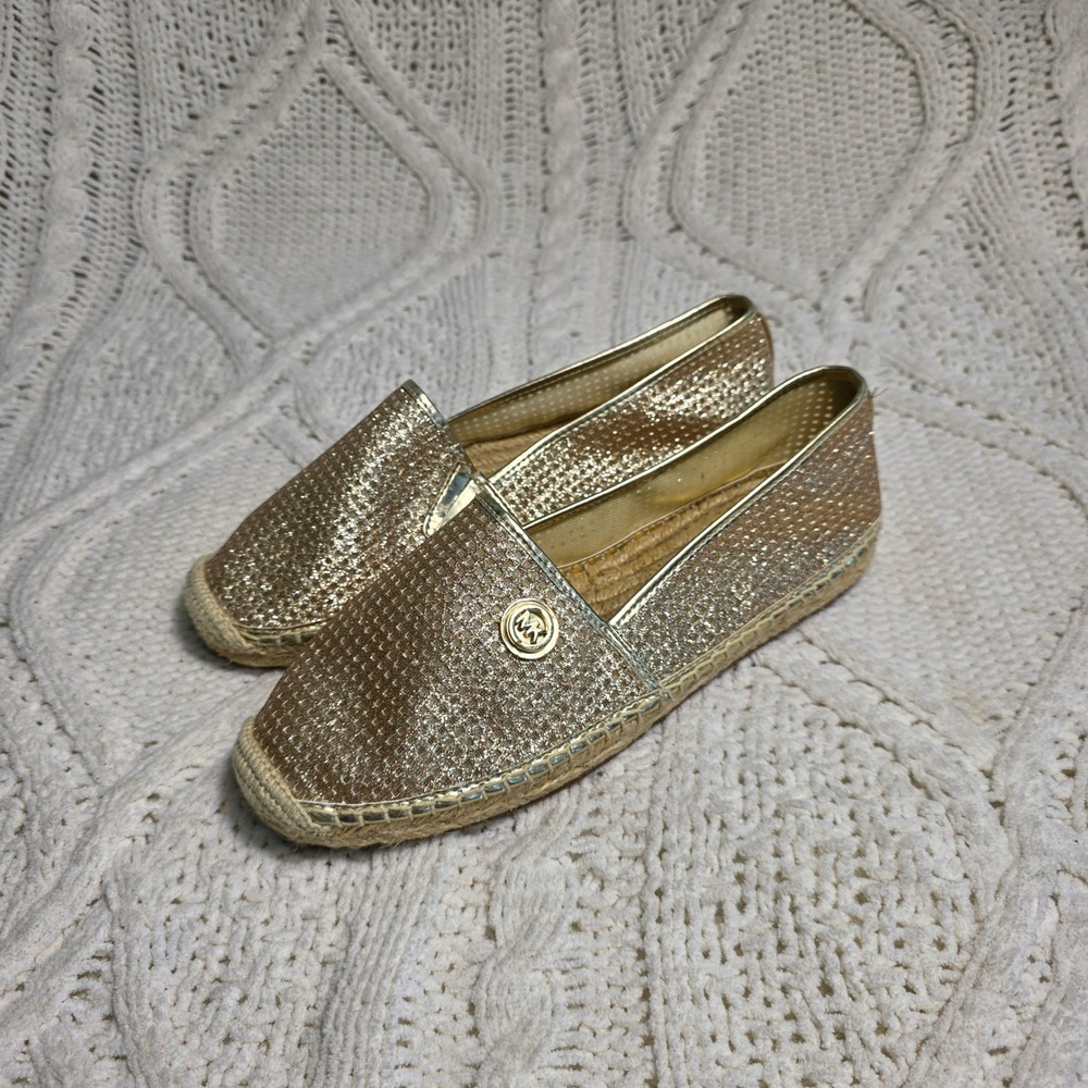 Michael Kors Kendrick Espadrille Gold Glitter Mesh Flats Womens 6M NEW